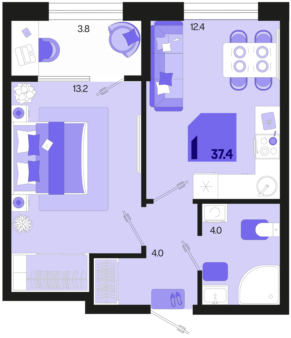1-к, 37.4 м² · Первое место