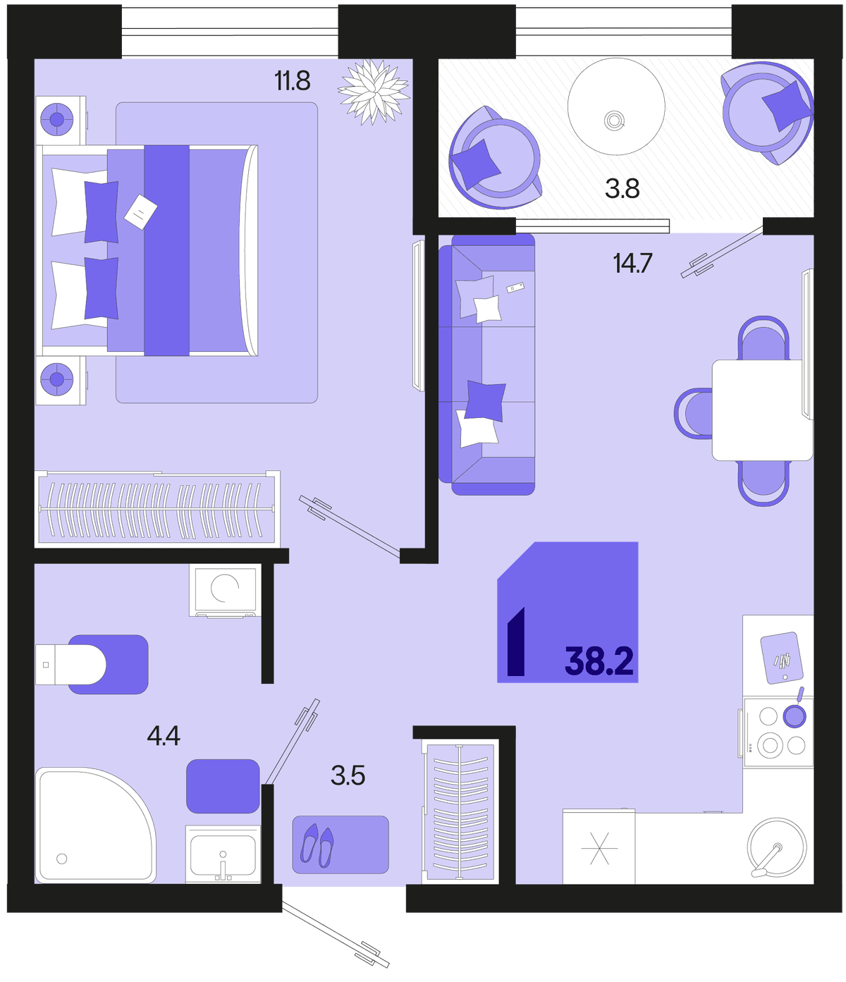 1-к, 38.2 м² · Первое место
