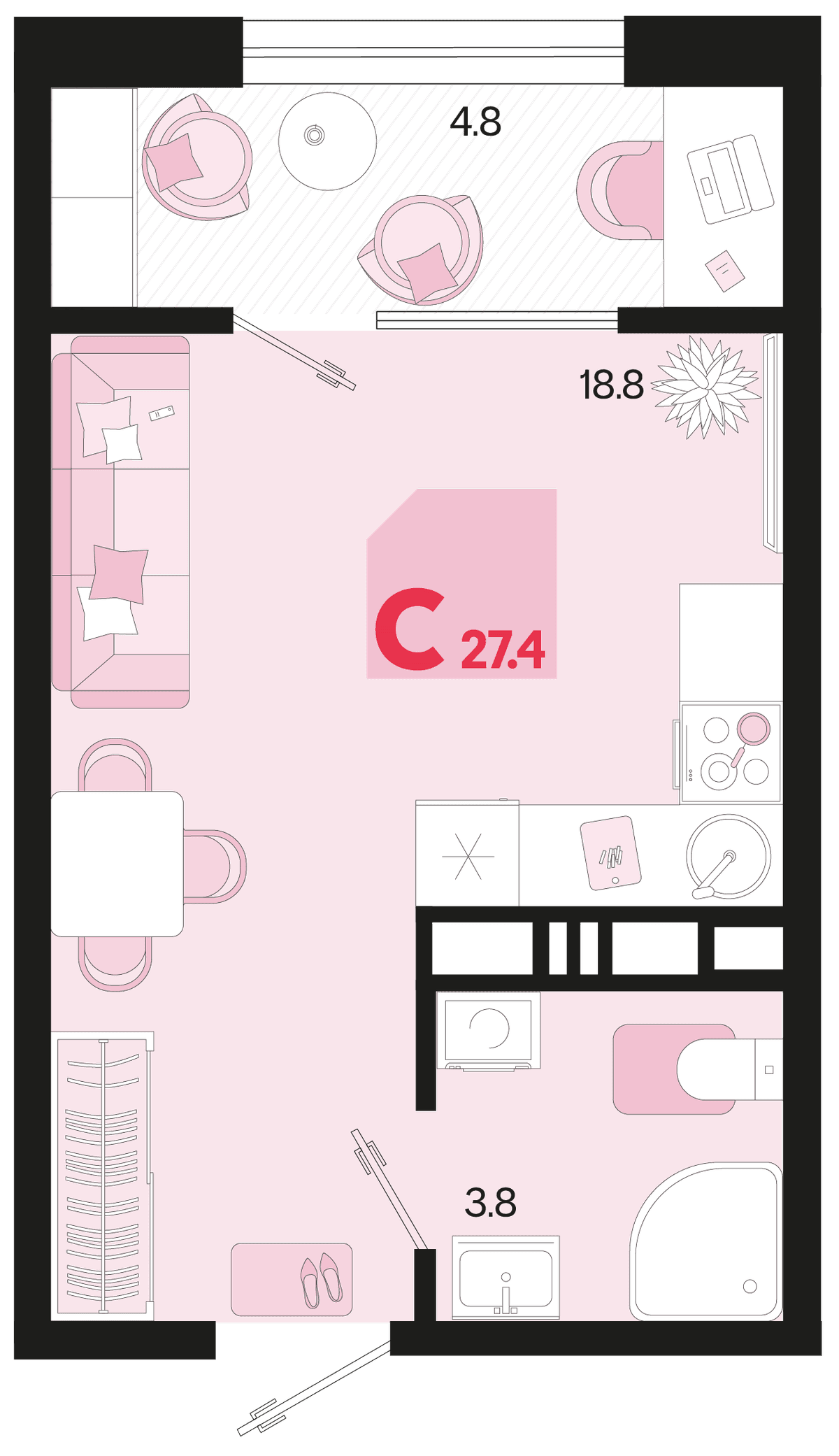 Студия, 27.4 м² · Первое место