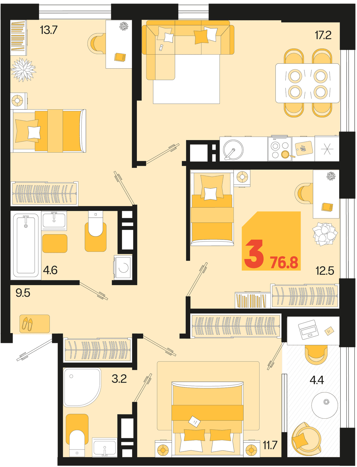 3-к, 76.8 м² · Первое место