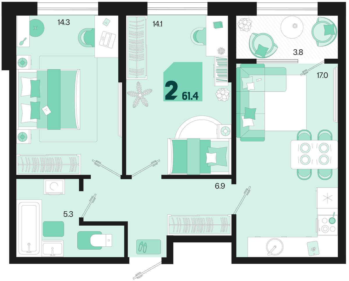 2-к, 61.4 м² · Первое место