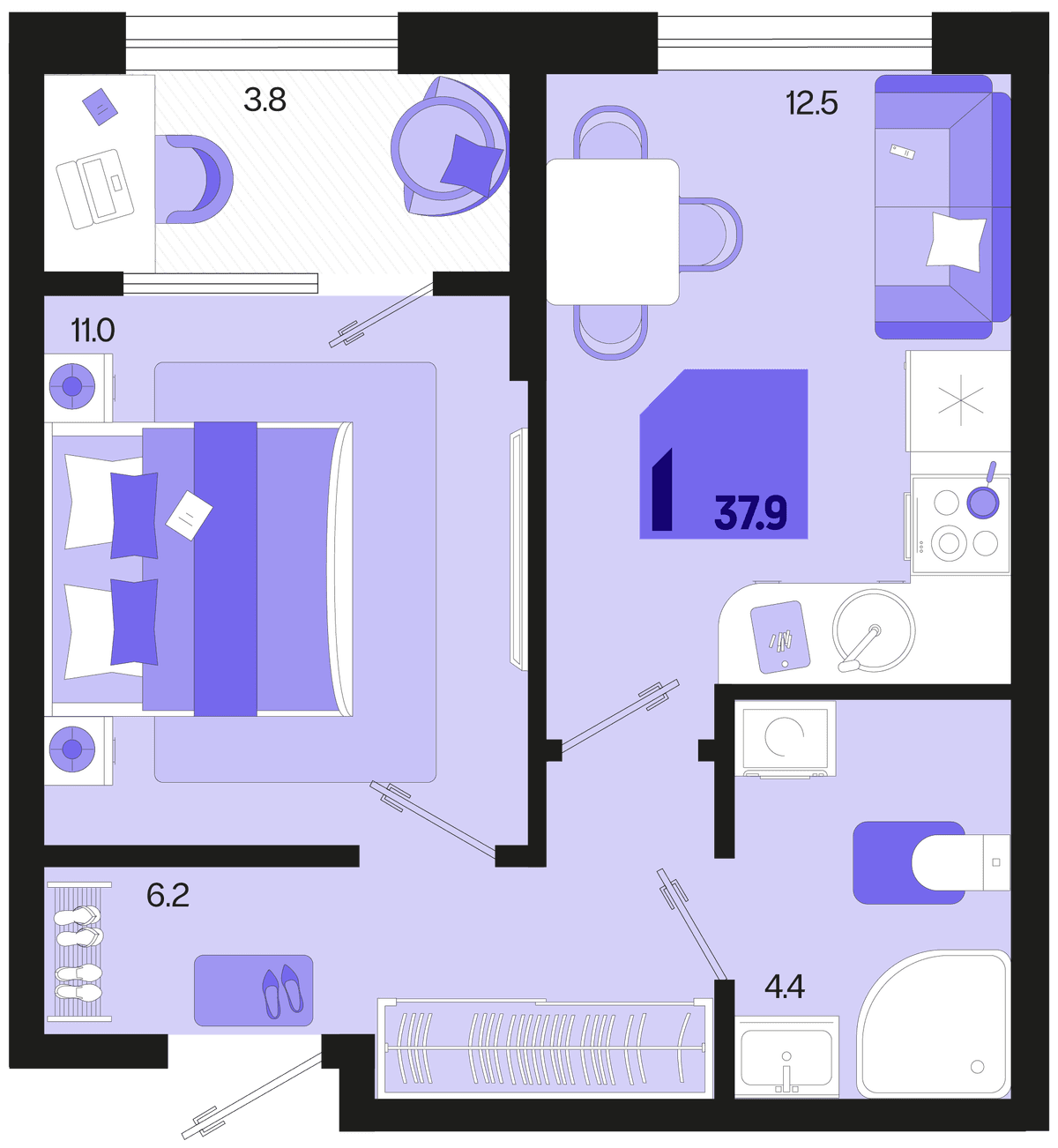 1-к, 37.9 м² · Первое место