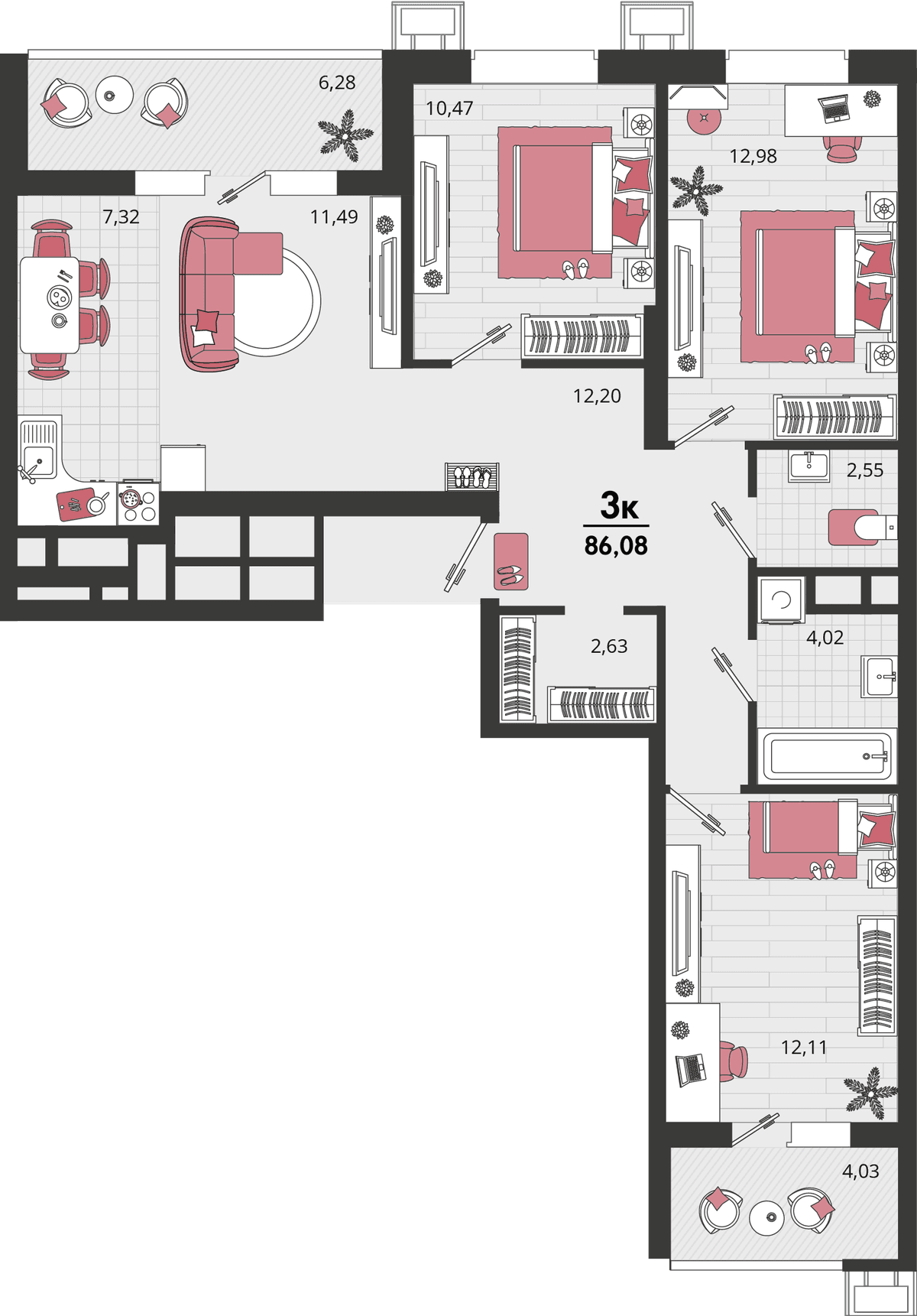 4-к, 86.08 м² · Родные просторы
