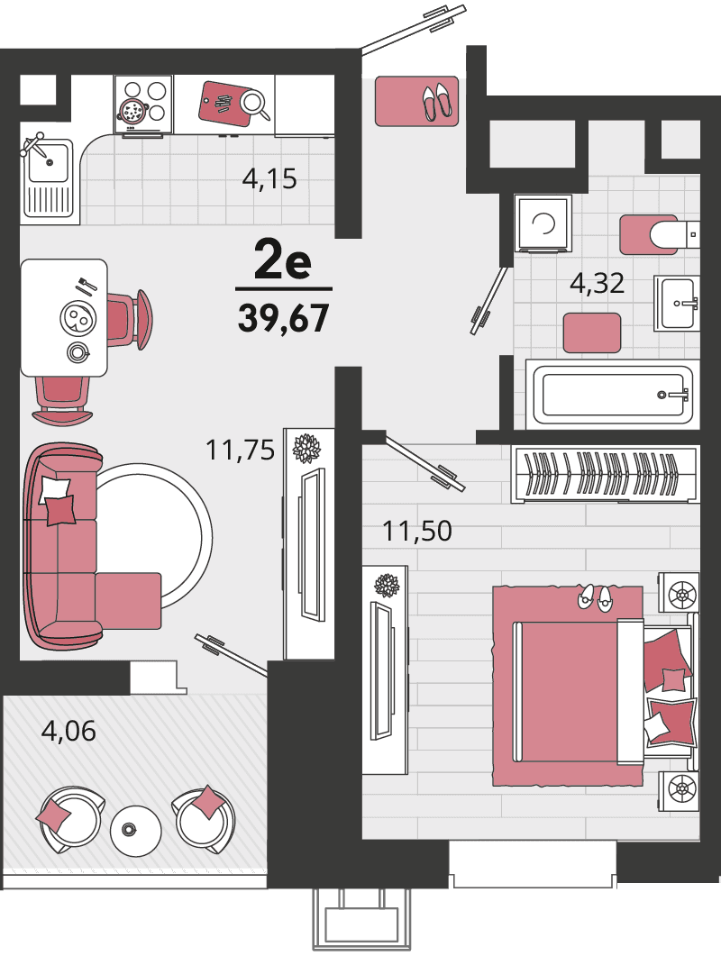 2-к, 39.67 м² · Родные просторы