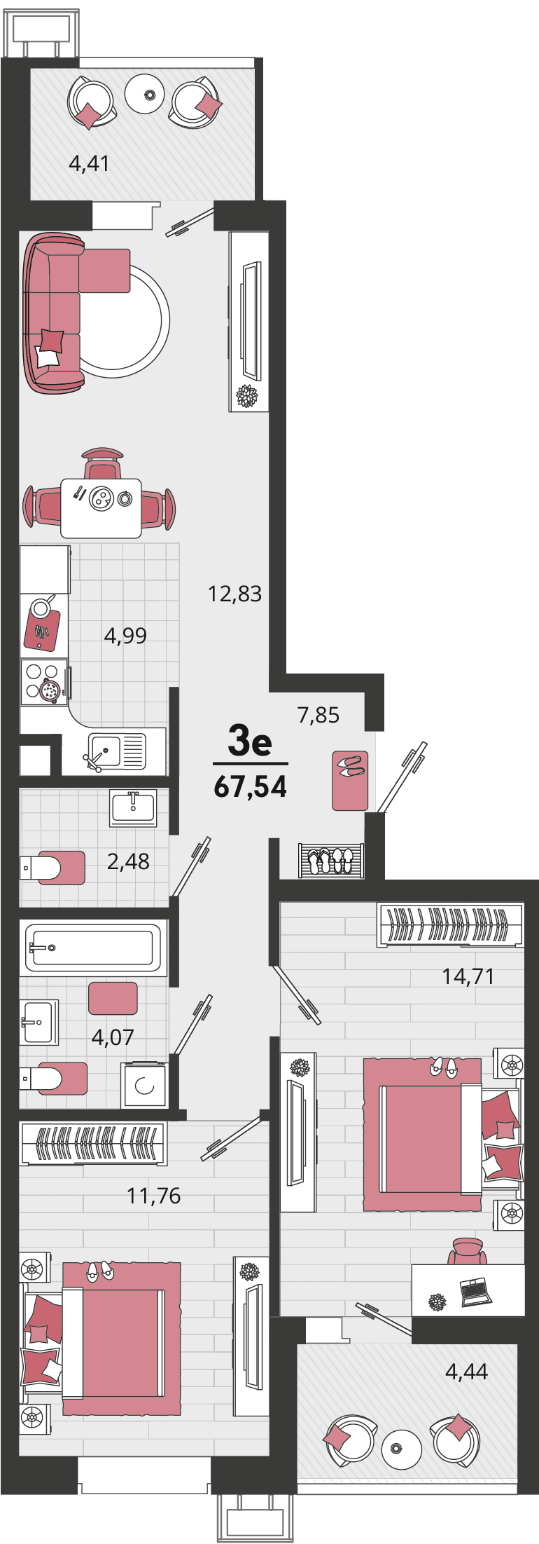 3-к, 67.54 м² · Родные просторы