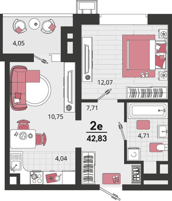 2-к, 42.83 м² · Родные просторы