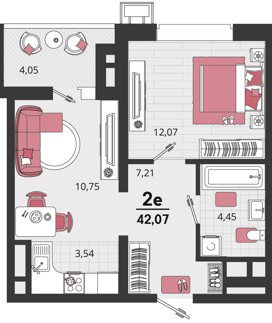 2-к, 42.07 м² · Родные просторы