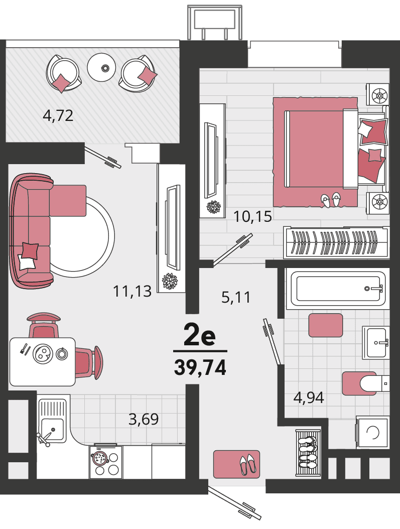 2-к, 39.74 м² · Родные просторы