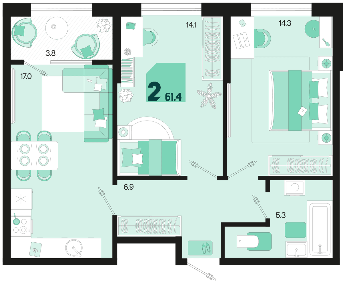 2-к, 61.4 м² · Первое место