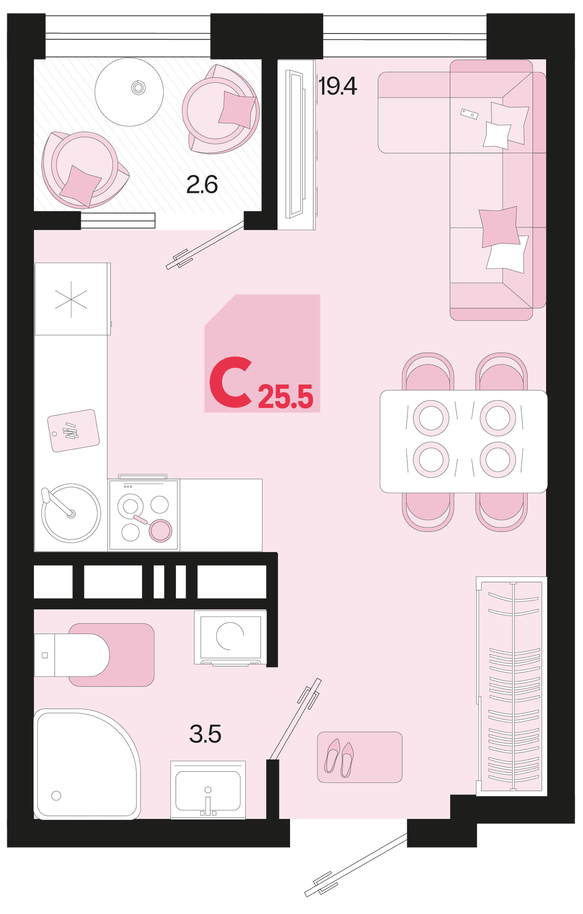 Студия, 25.5 м² · Первое место