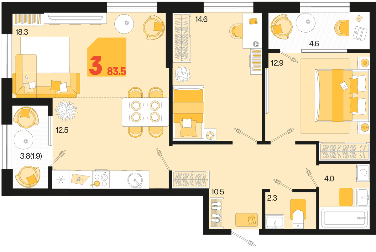 3-к, 83.5 м² · Первое место