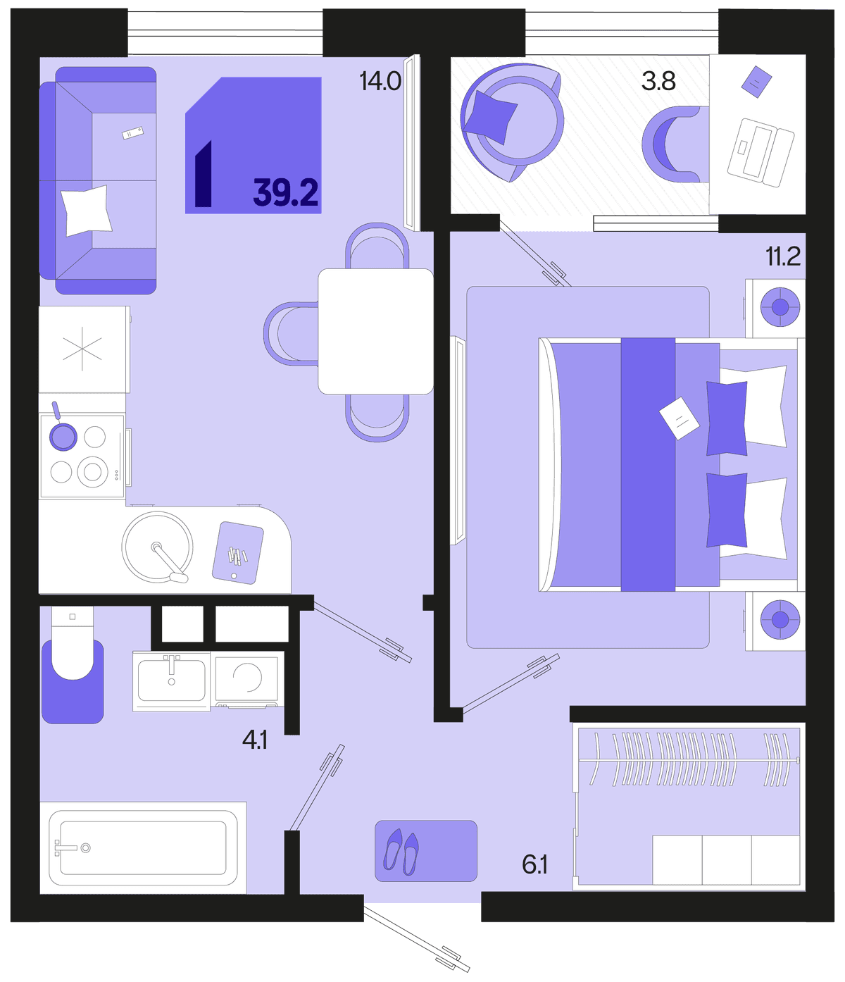1-к, 39.2 м² · Первое место