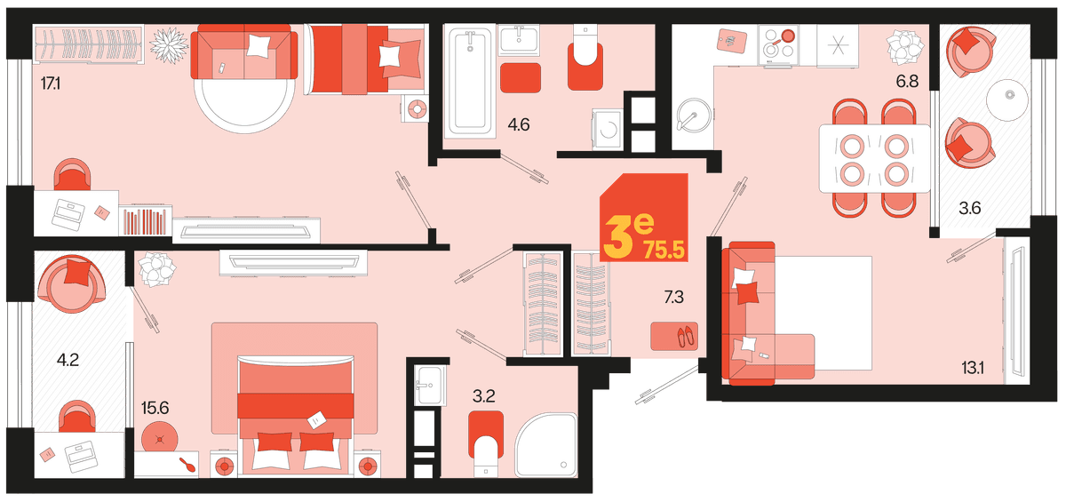3-к, 75.5 м² · Первое место