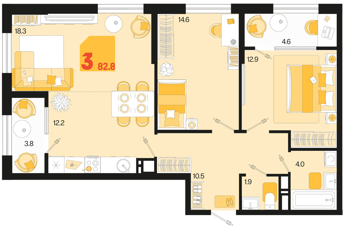 3-к, 82.8 м² · Первое место