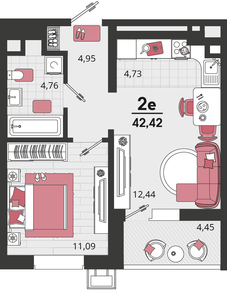 2-к, 42.42 м² · Родные просторы