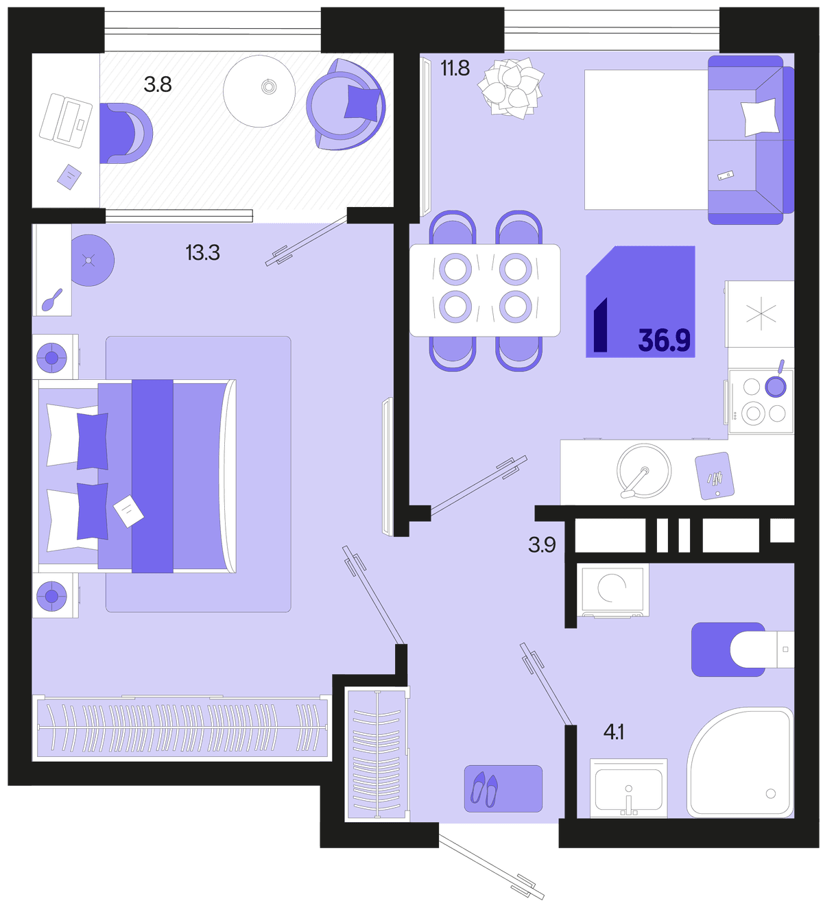 1-к, 36.9 м² · Первое место