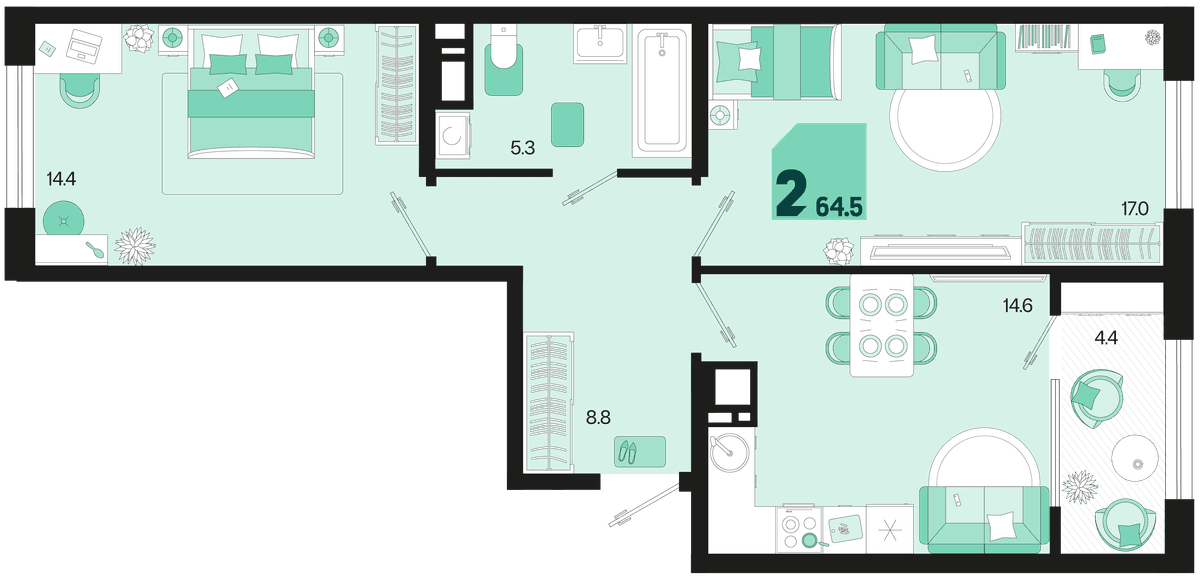 2-к, 64.5 м² · Первое место
