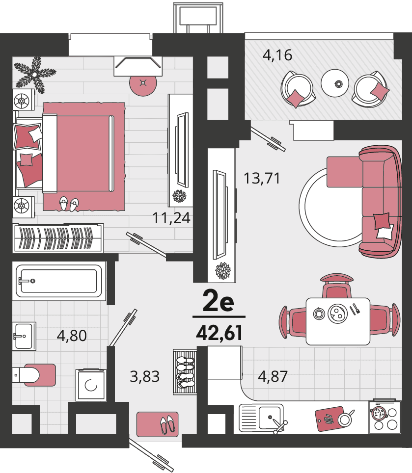 2-к, 42.61 м² · Родные просторы