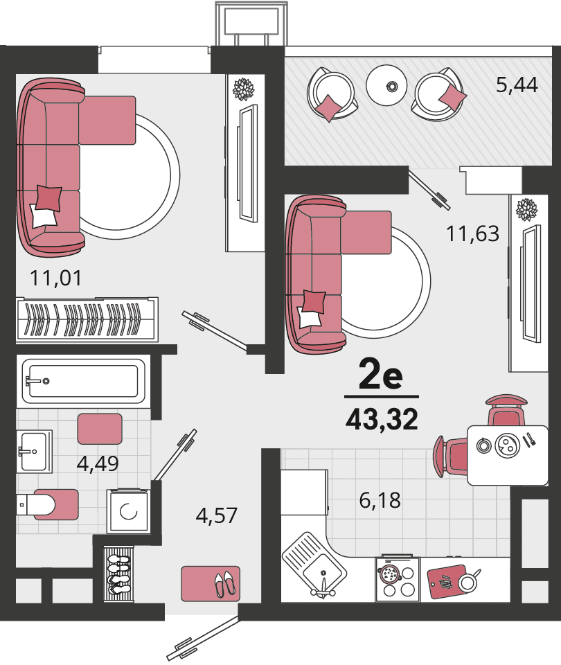 2-к, 43.32 м² · Родные просторы