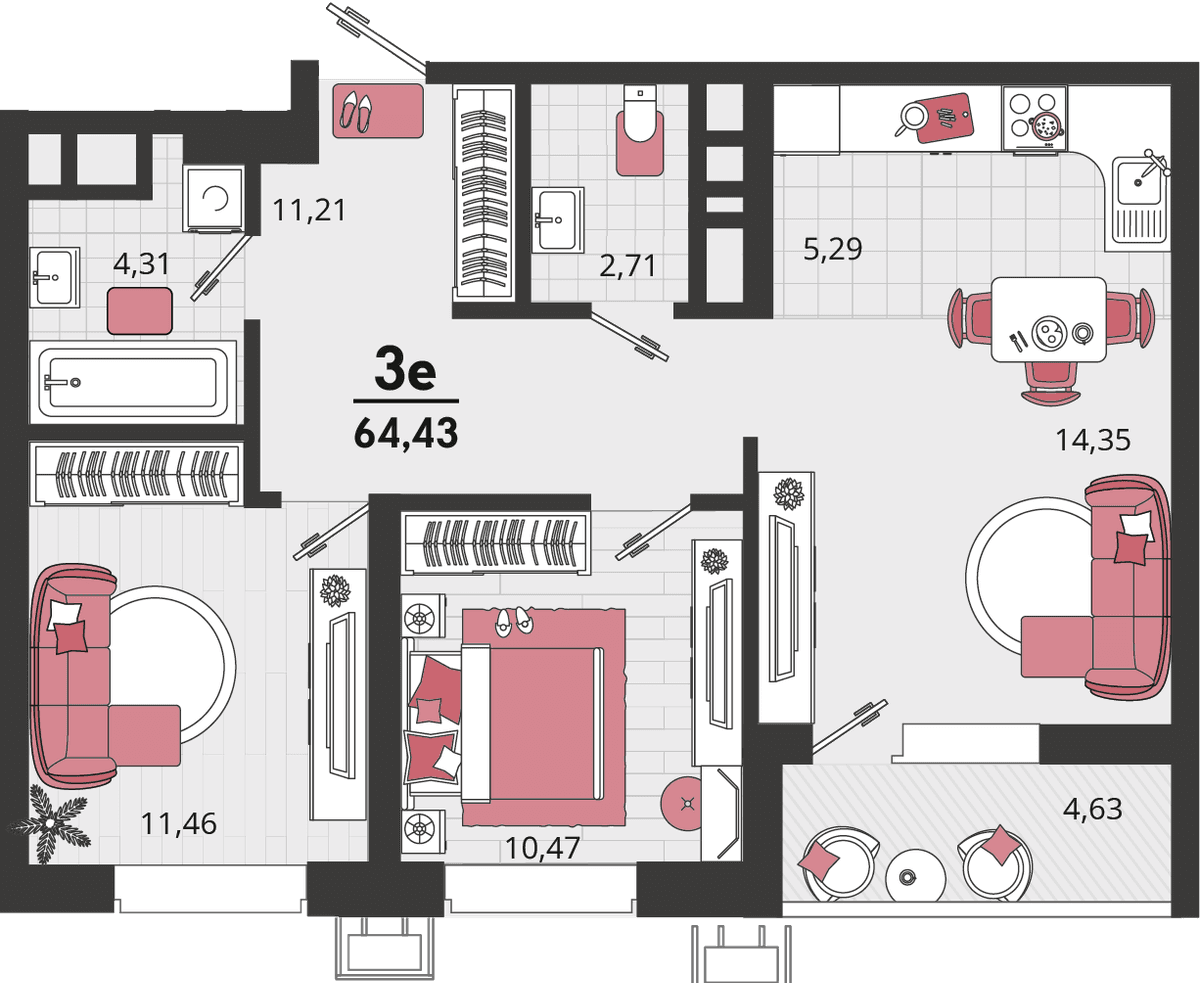 3-к, 64.43 м² · Родные просторы