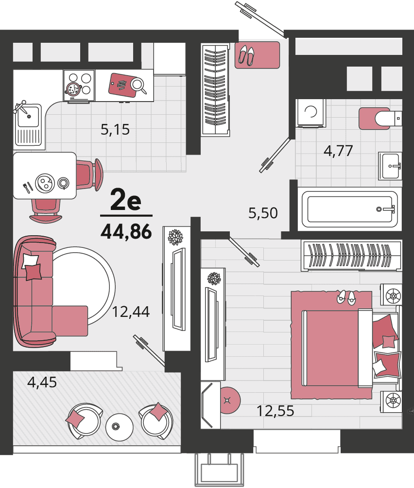 2-к, 44.86 м² · Родные просторы