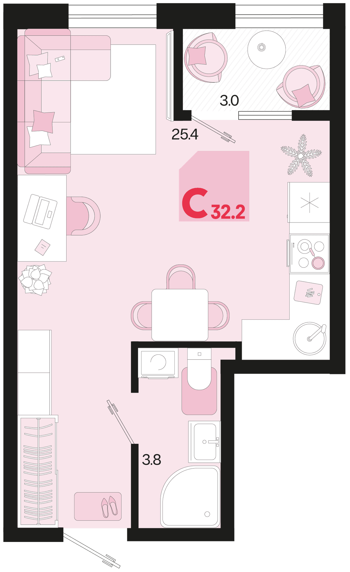 Студия, 32.2 м² · Первое место