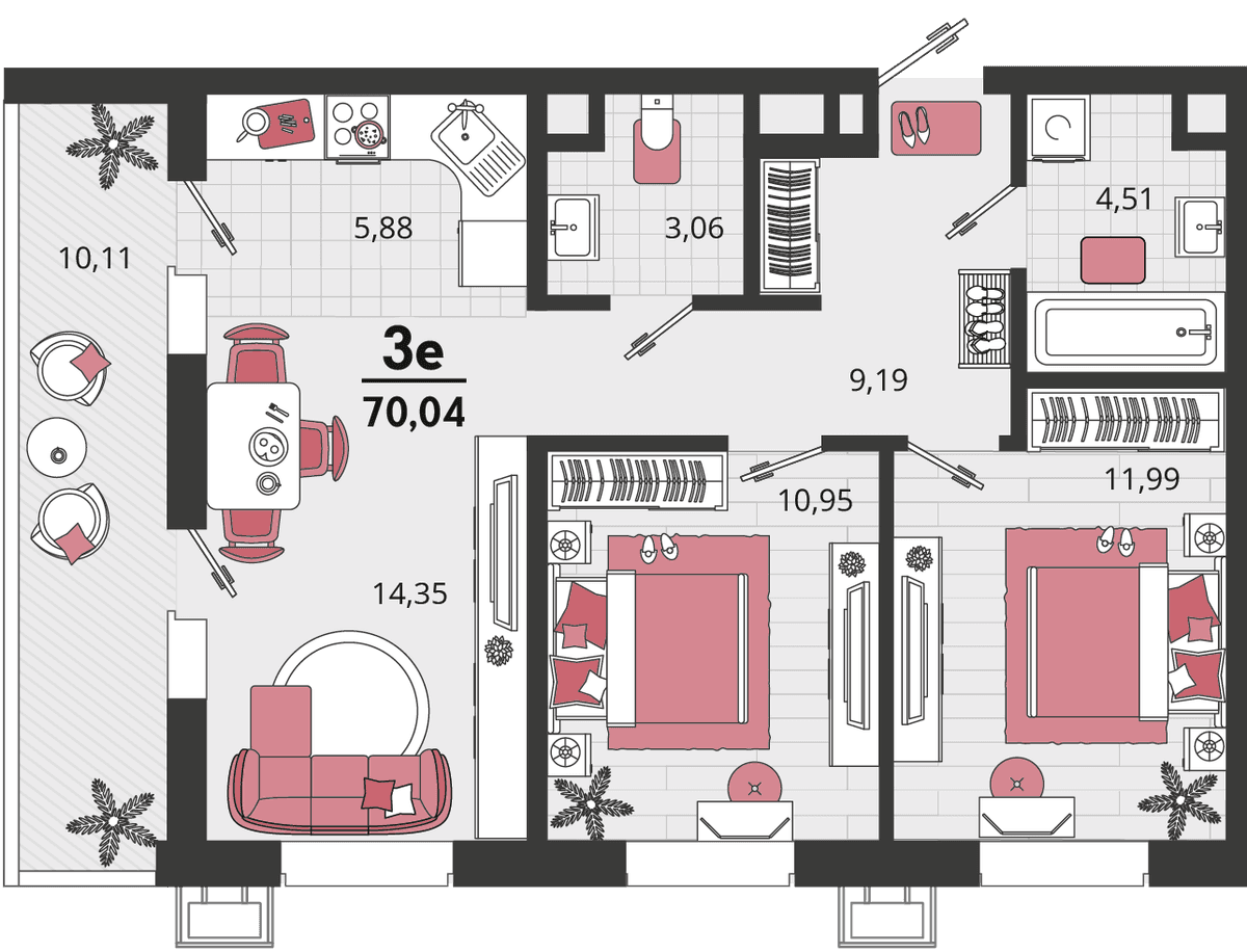 3-к, 70.04 м² · Родные просторы