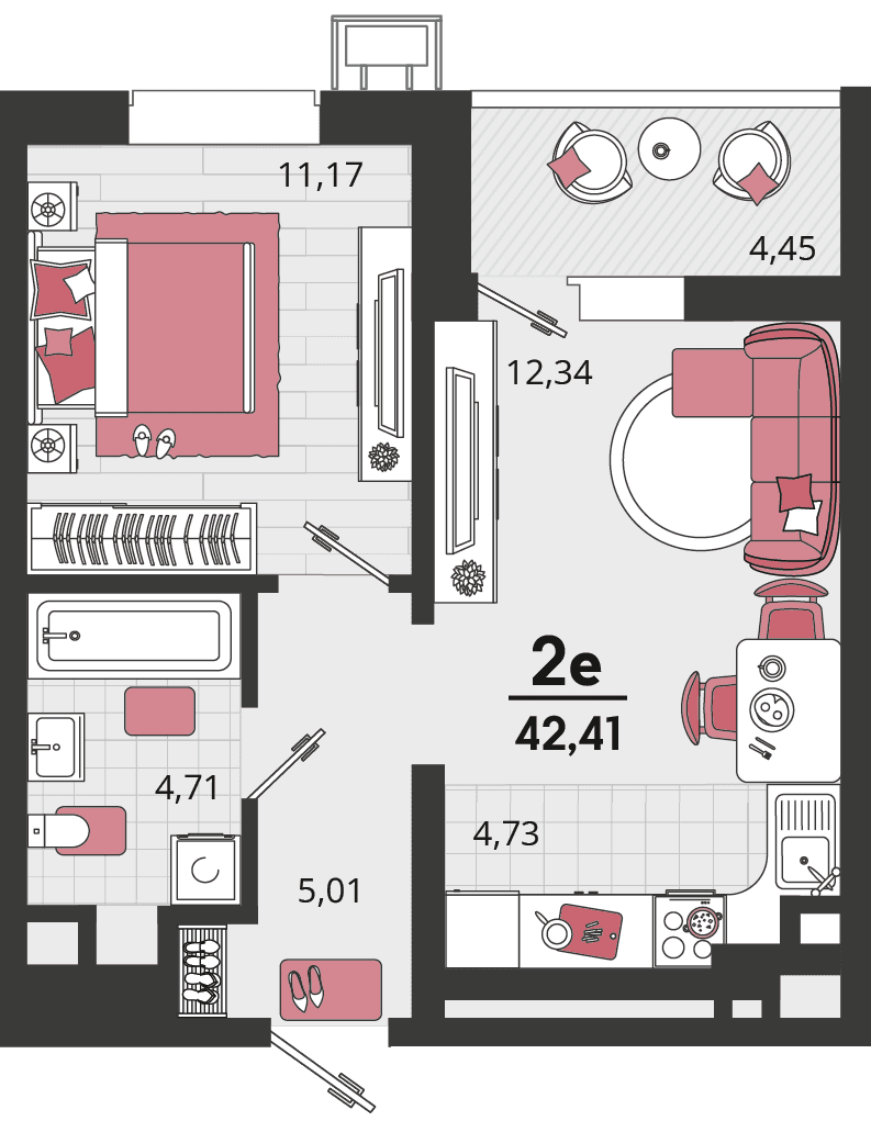 2-к, 42.41 м² · Родные просторы