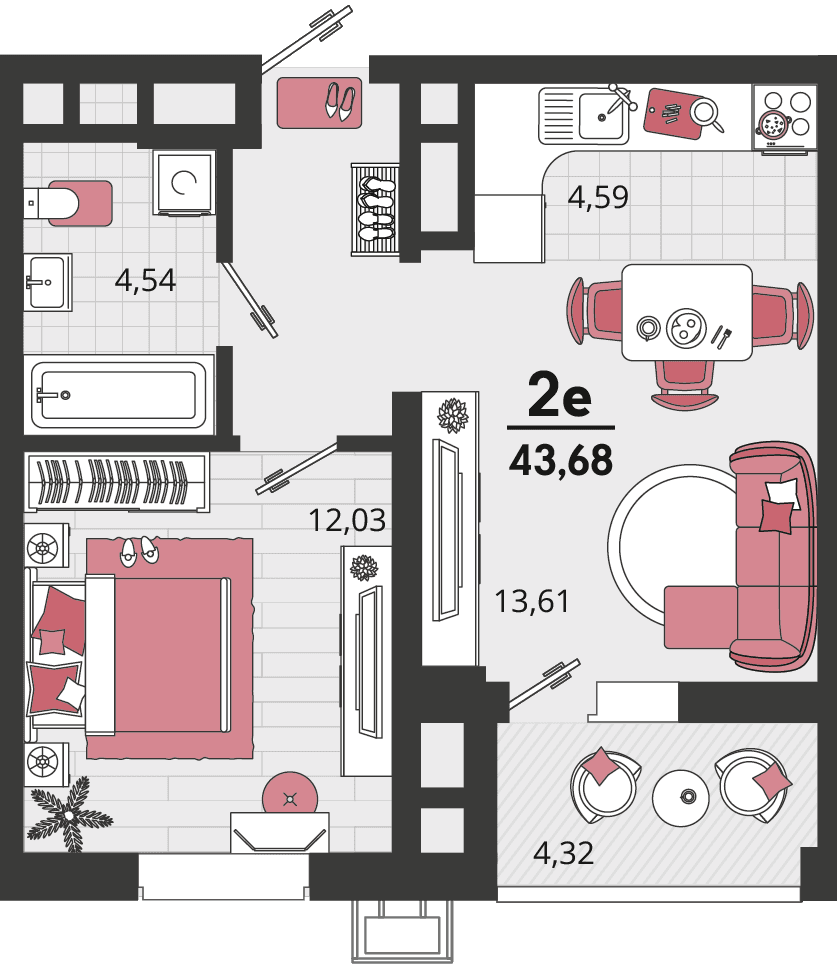 2-к, 43.68 м² · Родные просторы