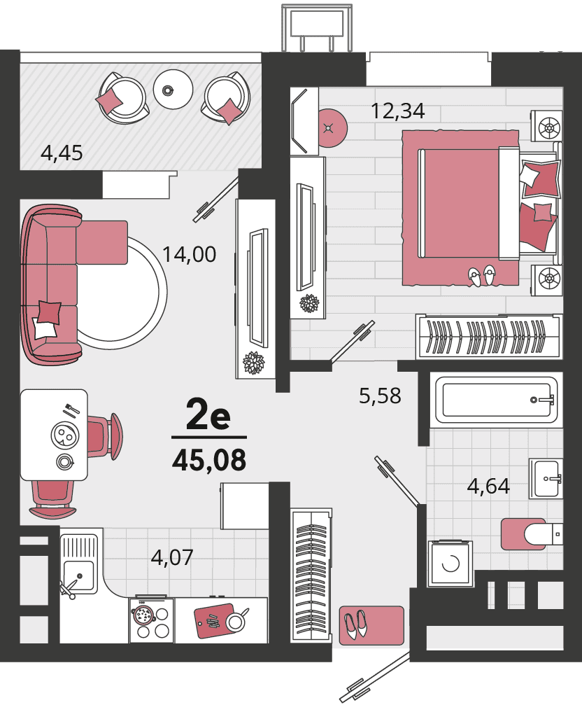 2-к, 45.08 м² · Родные просторы
