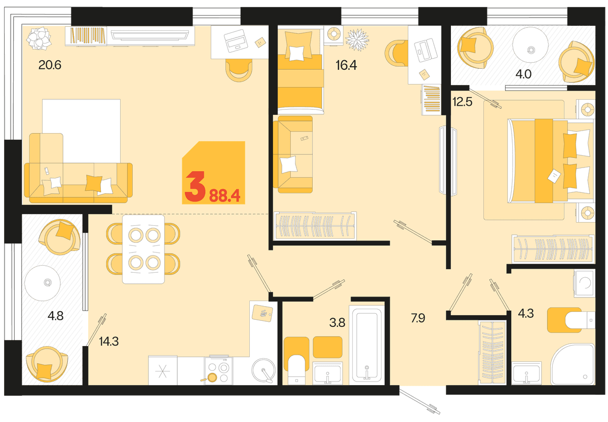 3-к, 88.6 м² · Первое место