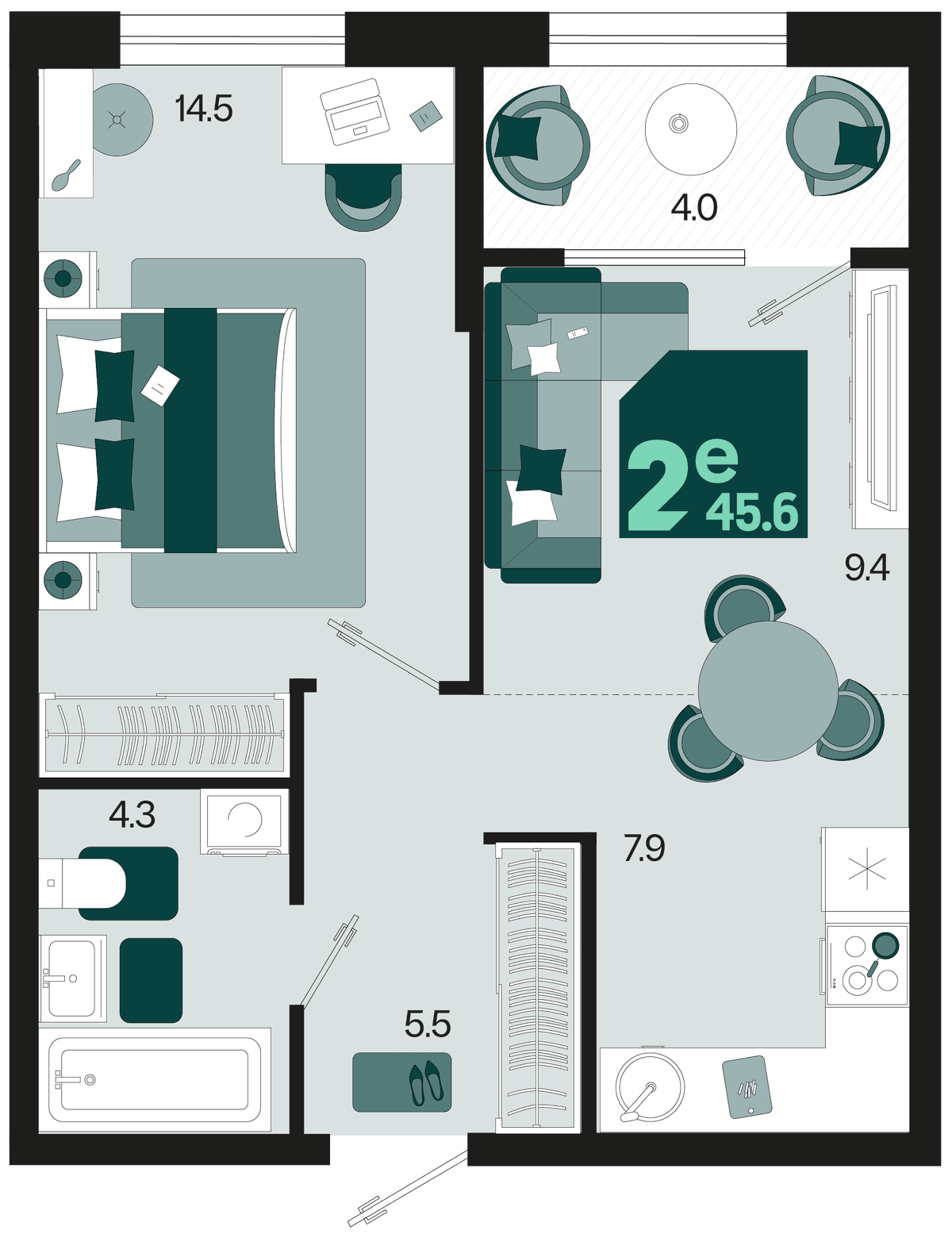 2-к, 45.6 м² · Первое место