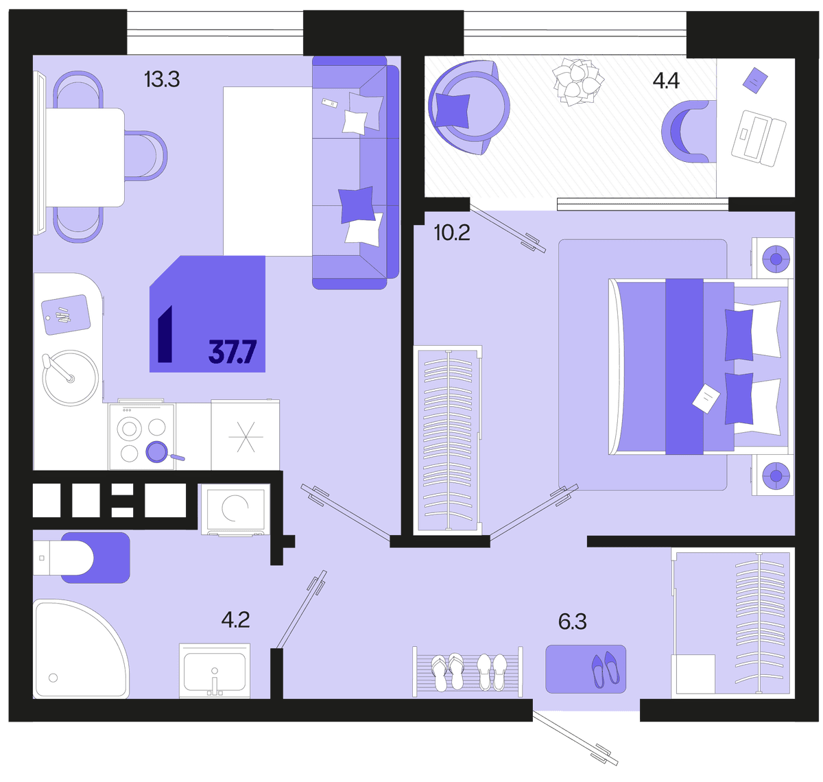 1-к, 37.7 м² · Первое место