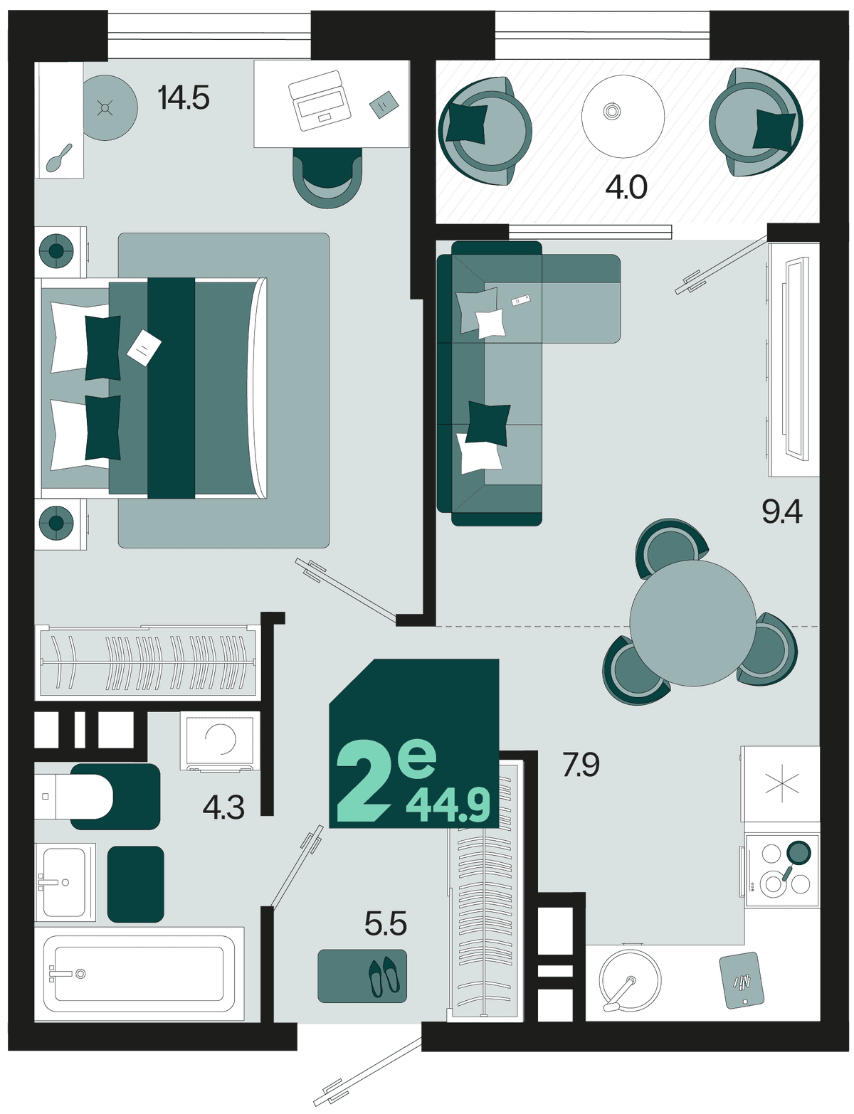 2-к, 44.9 м² · Первое место