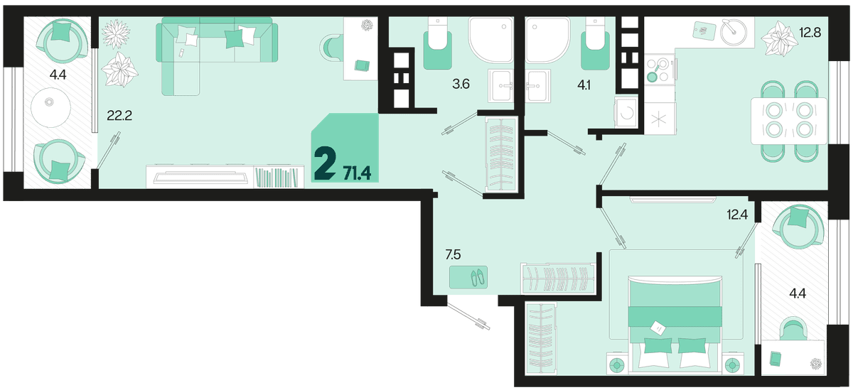 2-к, 71.4 м² · Первое место