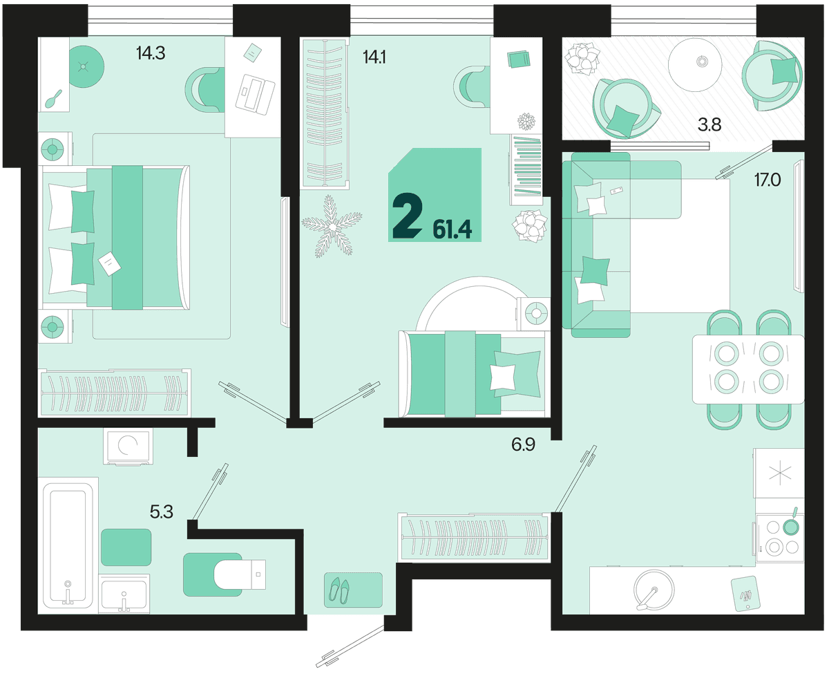 2-к, 61.4 м² · Первое место