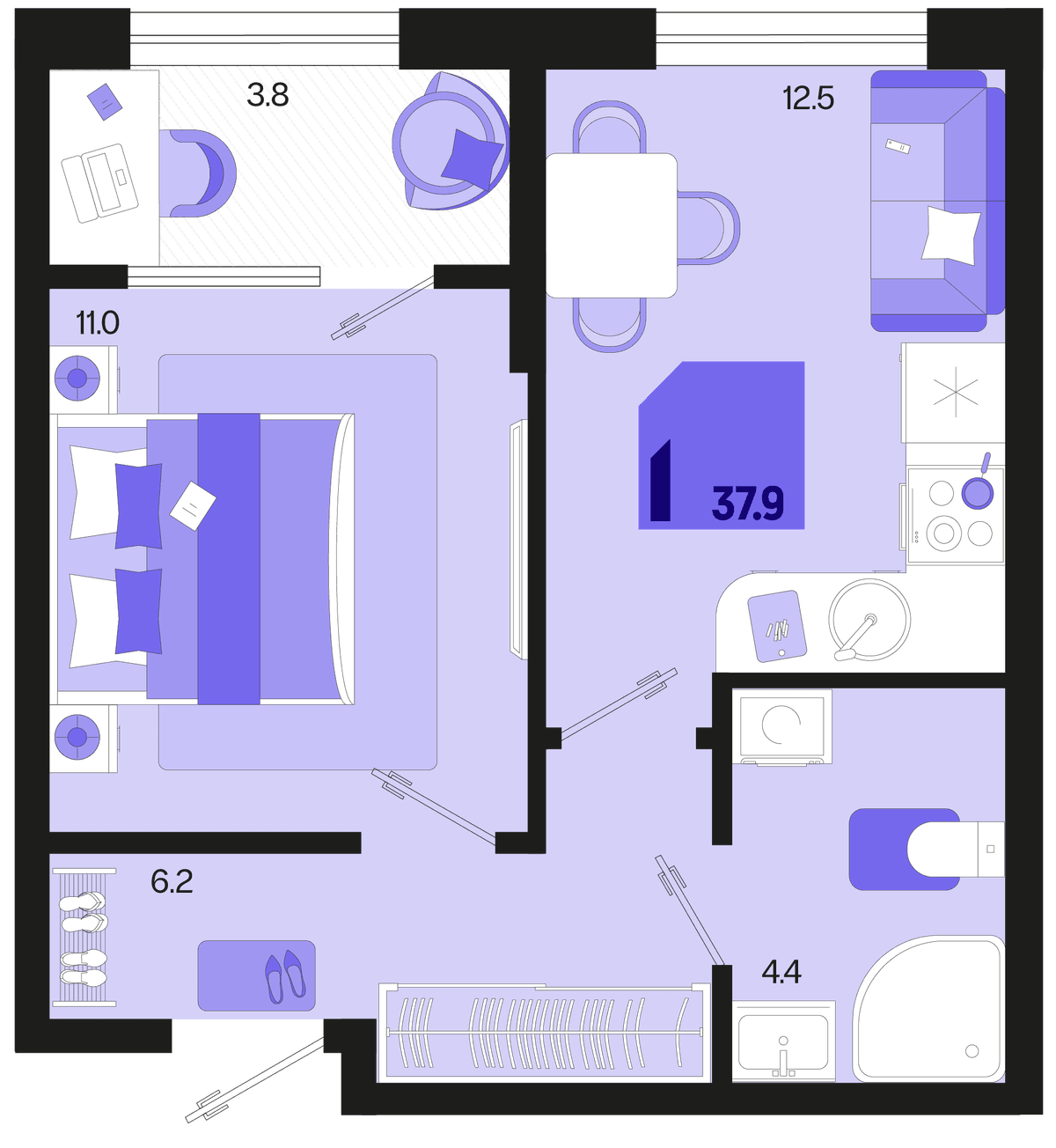 1-к, 37.9 м² · Первое место