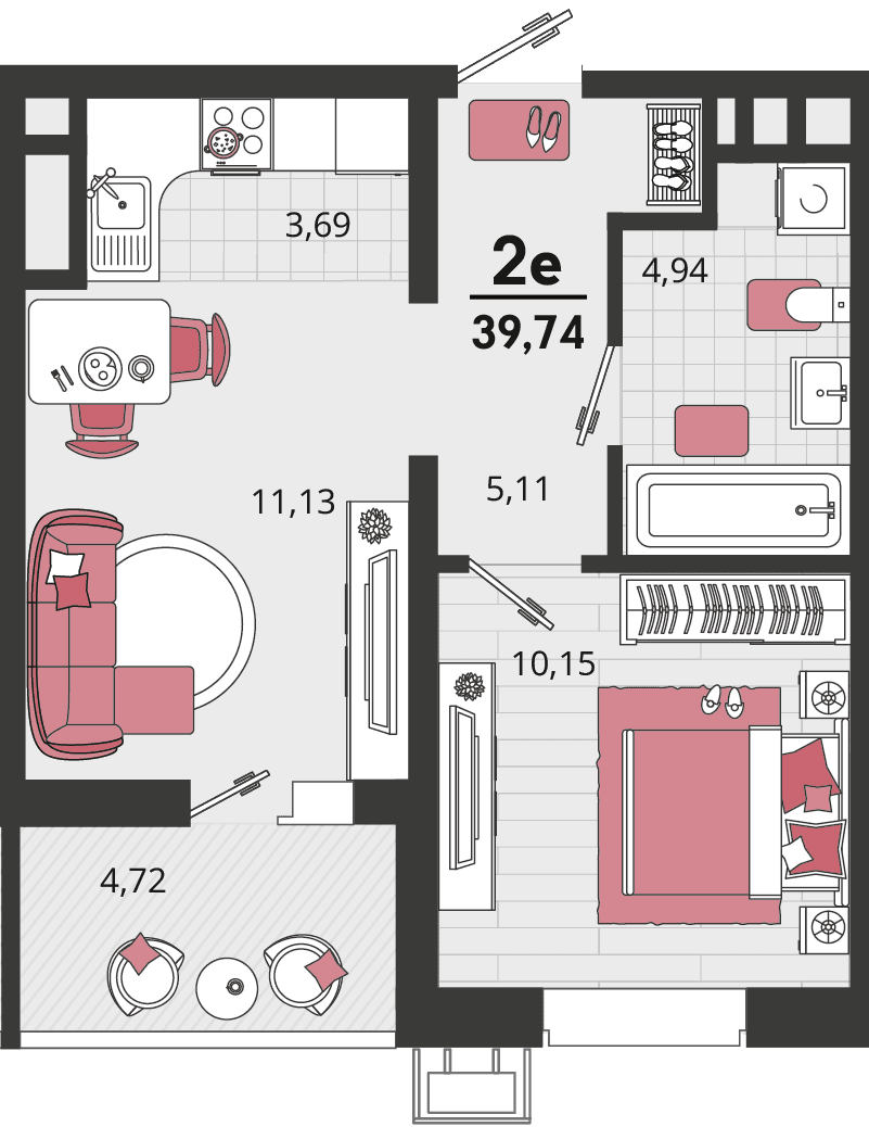 2-к, 39.74 м² · Родные просторы