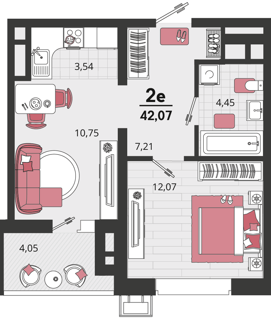 2-к, 42.07 м² · Родные просторы