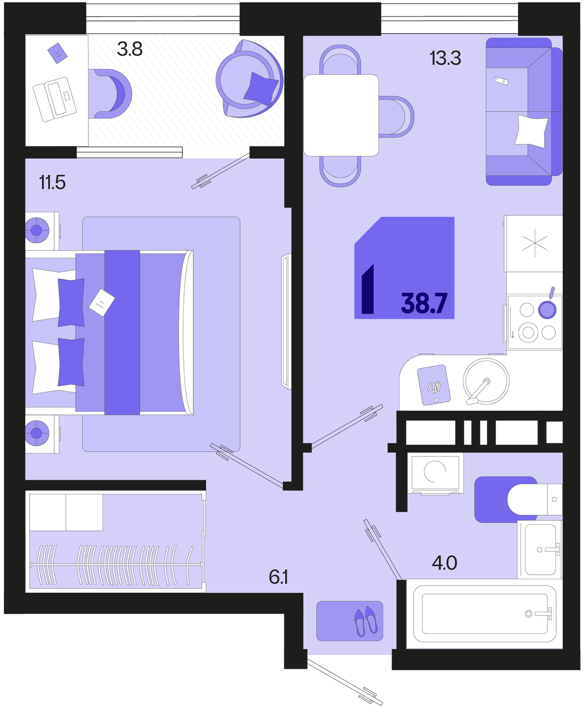 1-к, 38.7 м² · Первое место