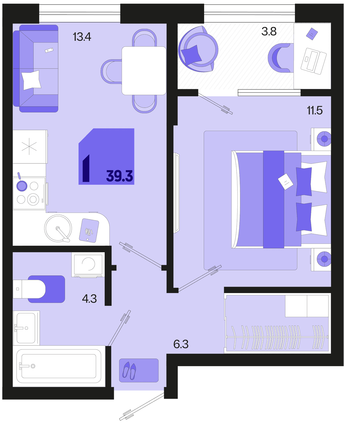 1-к, 39.3 м² · Первое место