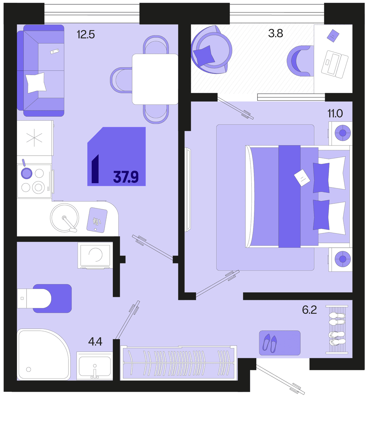 1-к, 37.9 м² · Первое место