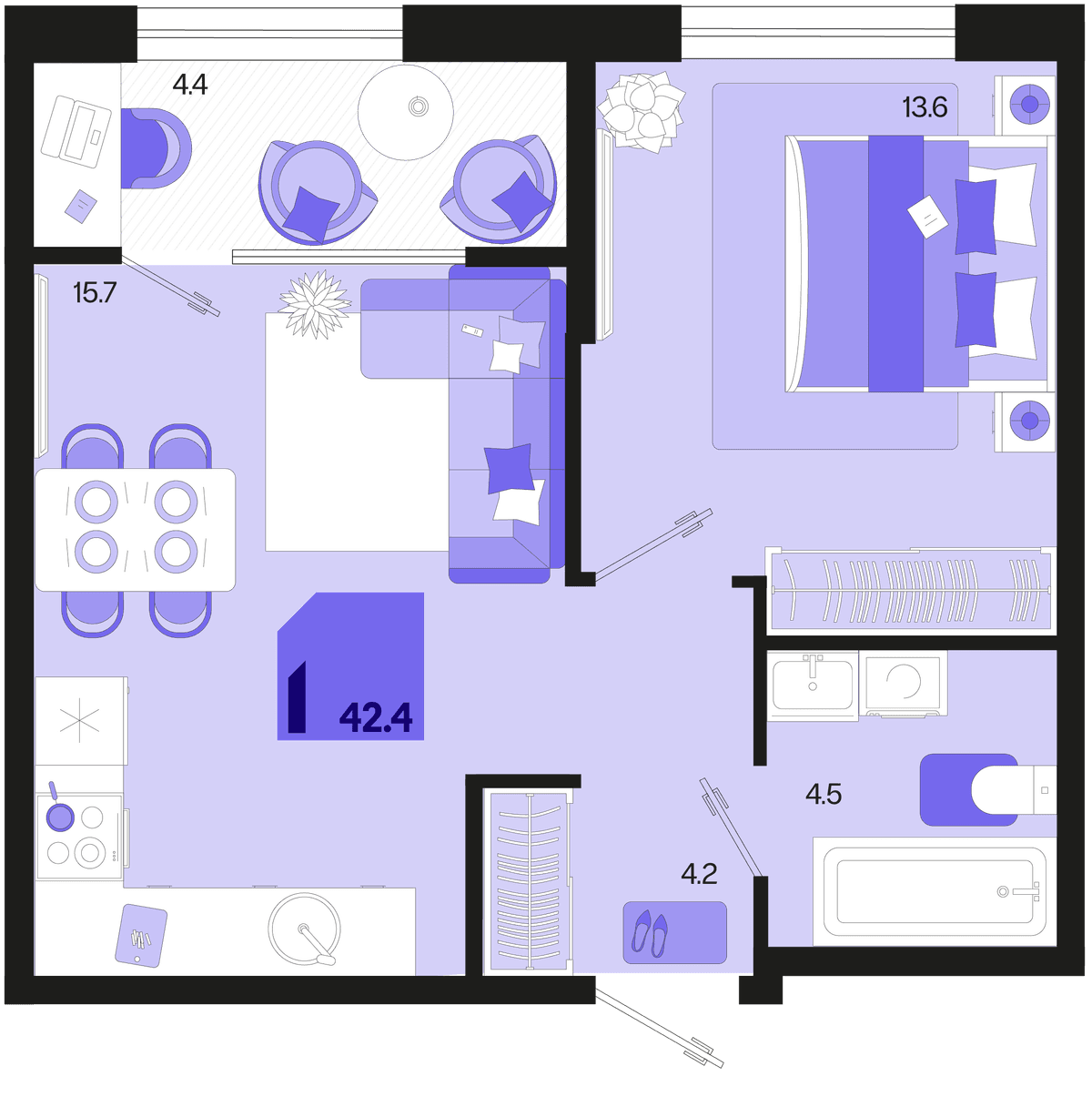 1-к, 42.4 м² · Первое место