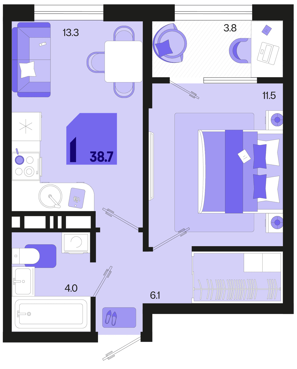 1-к, 38.7 м² · Первое место
