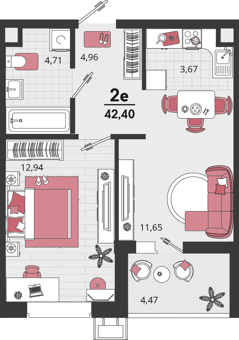 2-к, 42.4 м² · Родные просторы