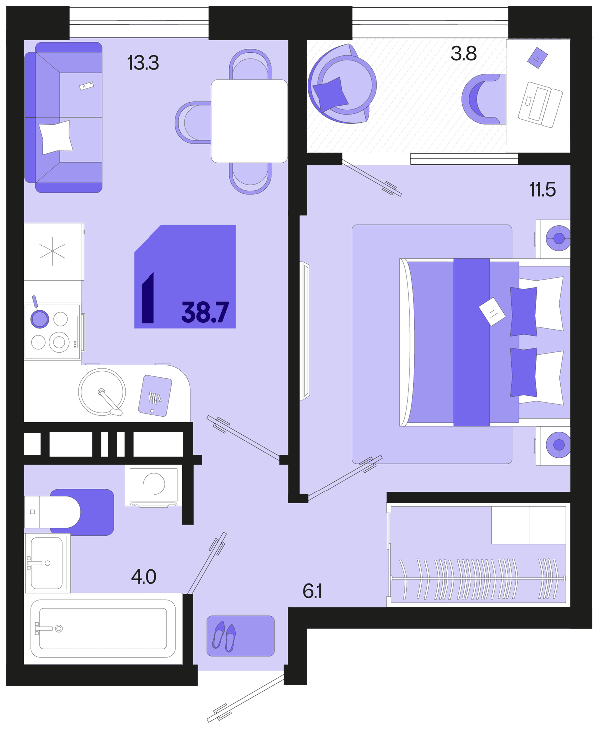 1-к, 38.7 м² · Первое место