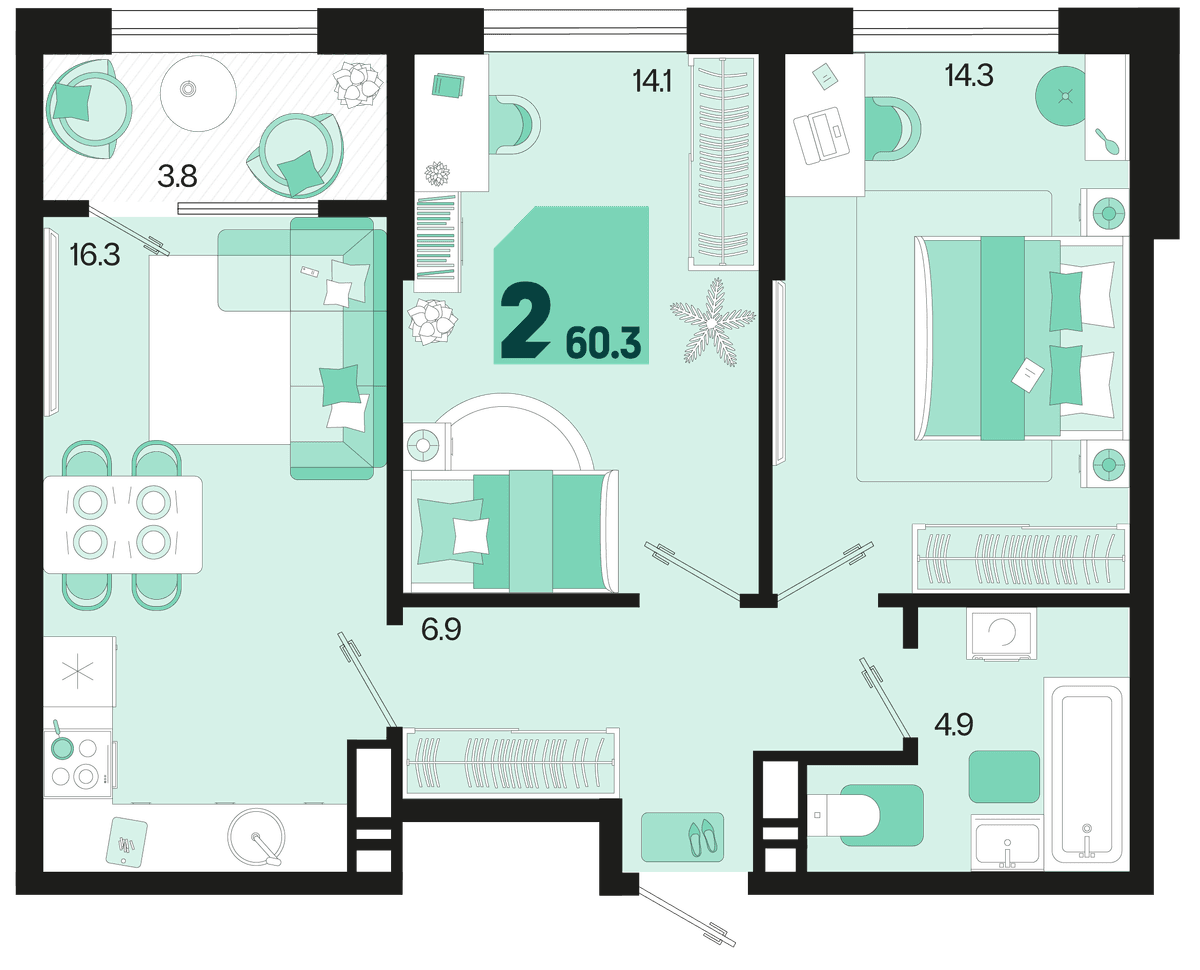 2-к, 60.3 м² · Первое место