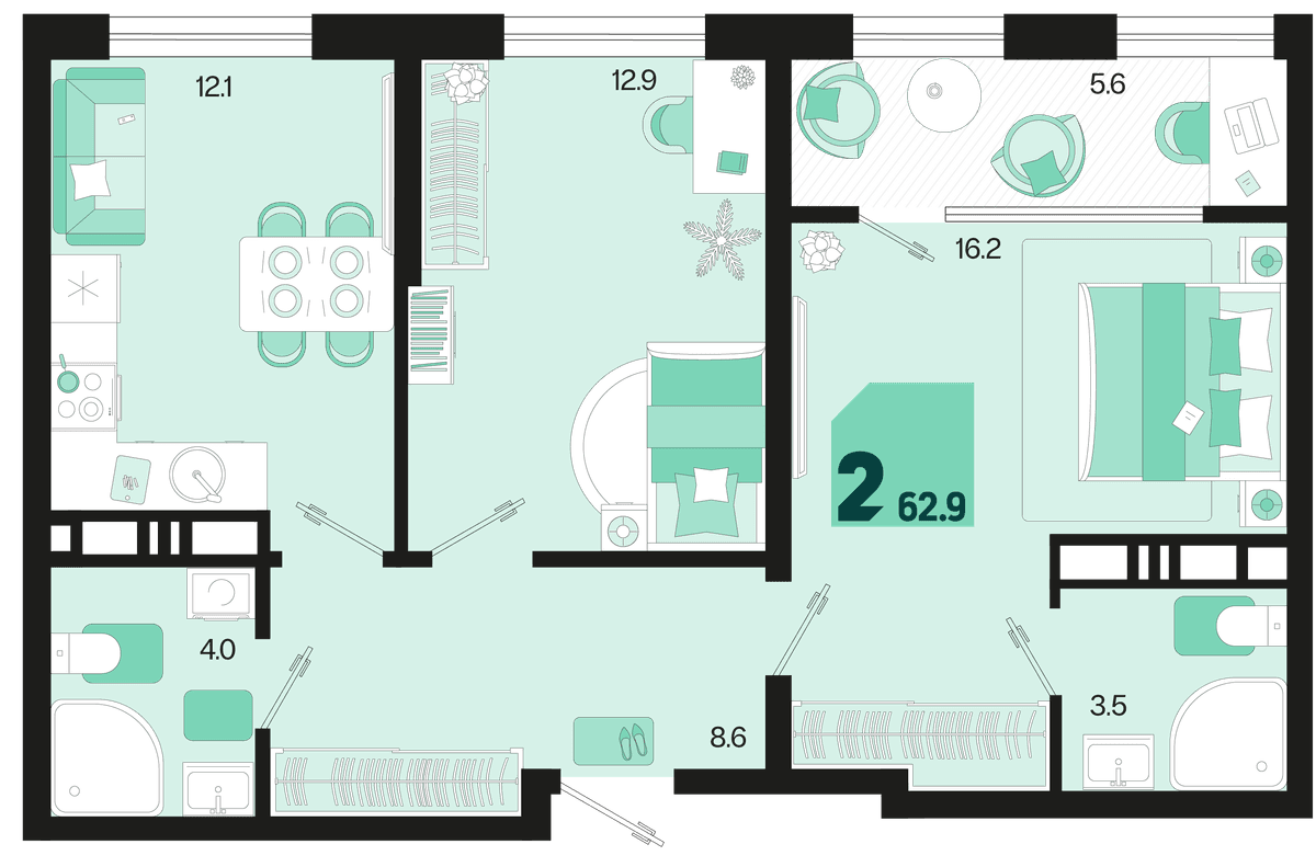 2-к, 62.9 м² · Первое место