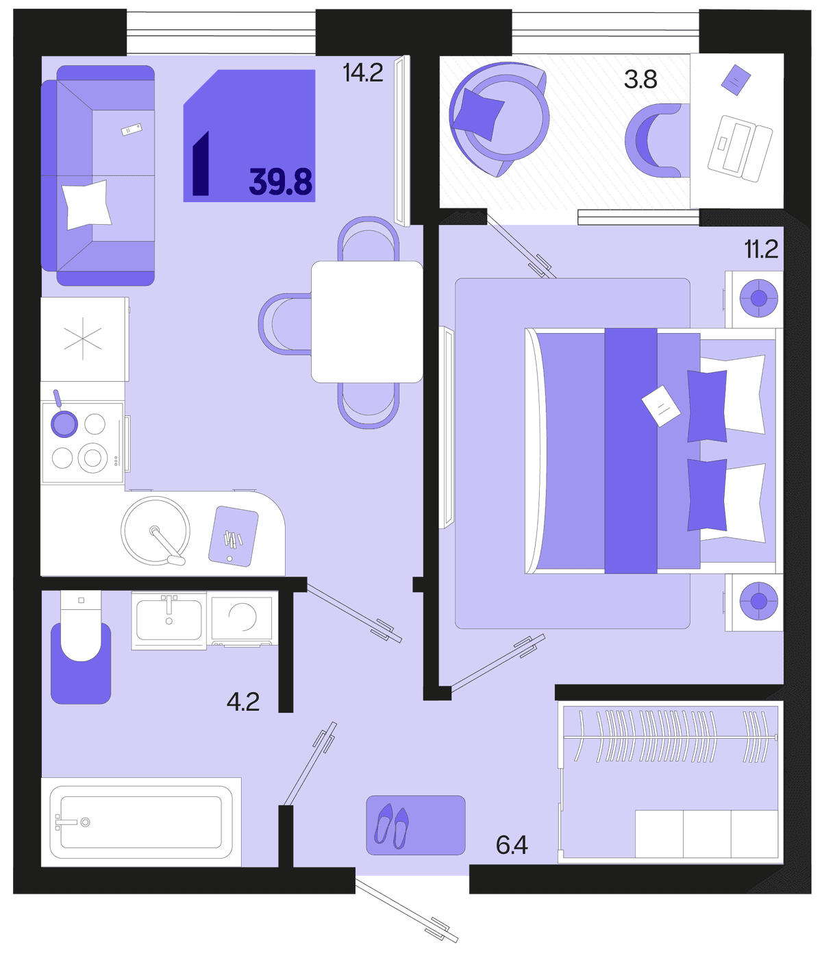 1-к, 39.8 м² · Первое место