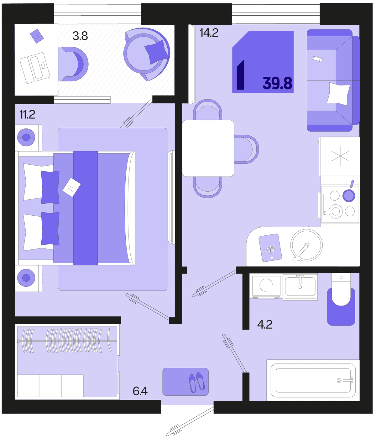 1-к, 39.8 м² · Первое место